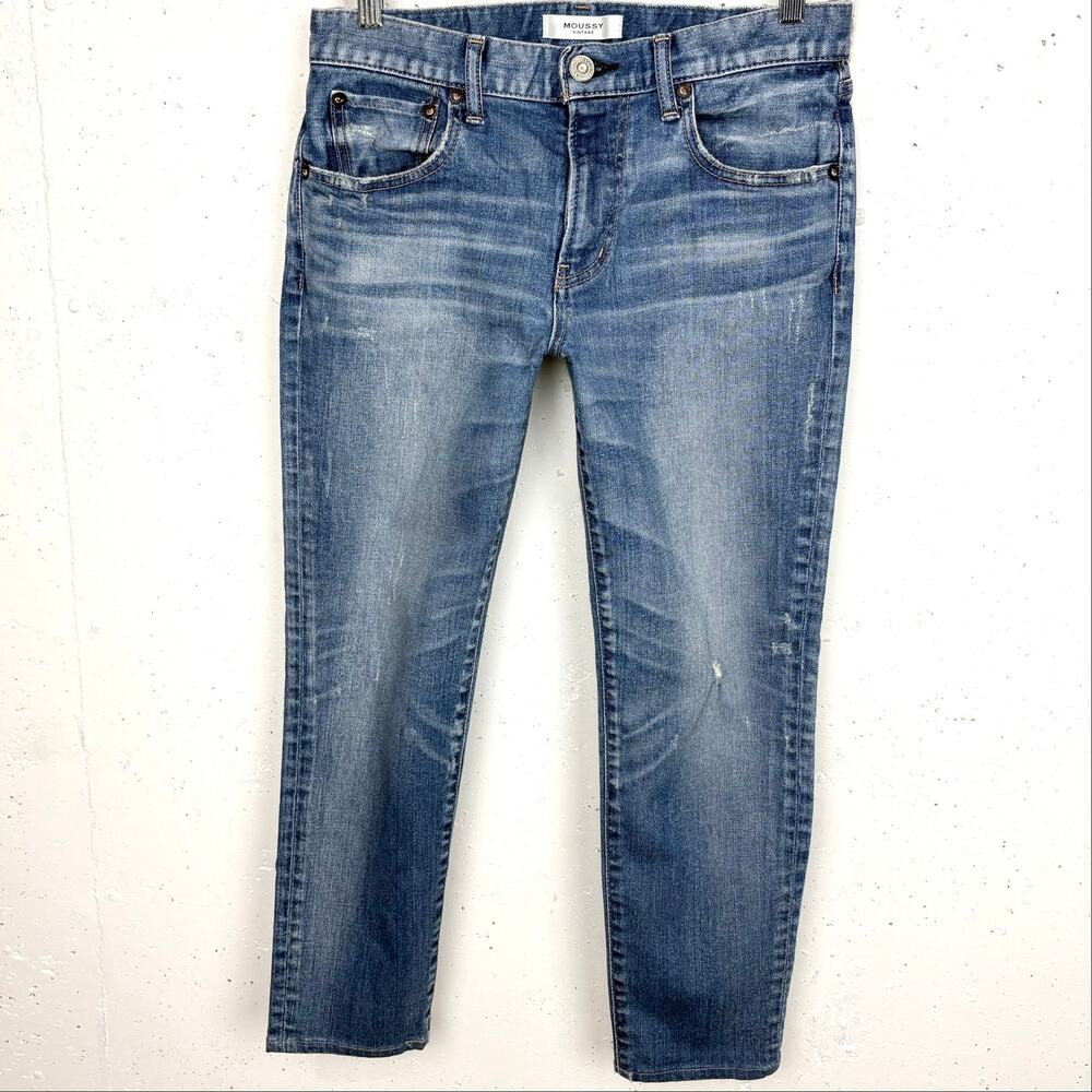 Moussy Vintage Mid-Rise Cropped Skinny Jeans Medium Wash Distressed Size 28